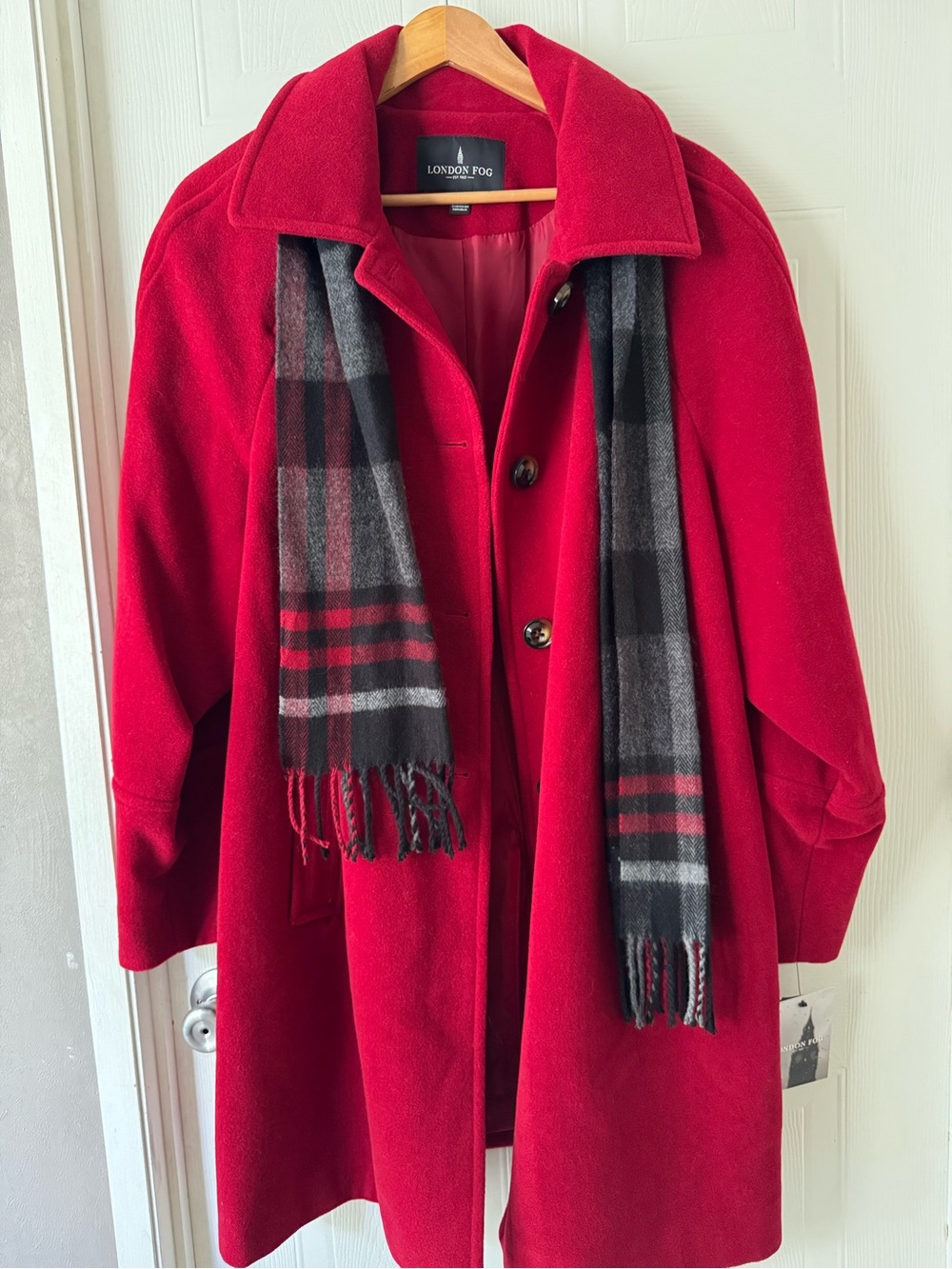 London Fog Red Wool-Blend Coat with Black & Gray Plaid Scarf